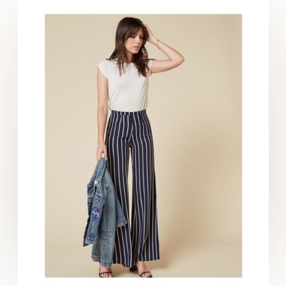 Reformation Navy and White Vertical Stripe Wide Leg Pants